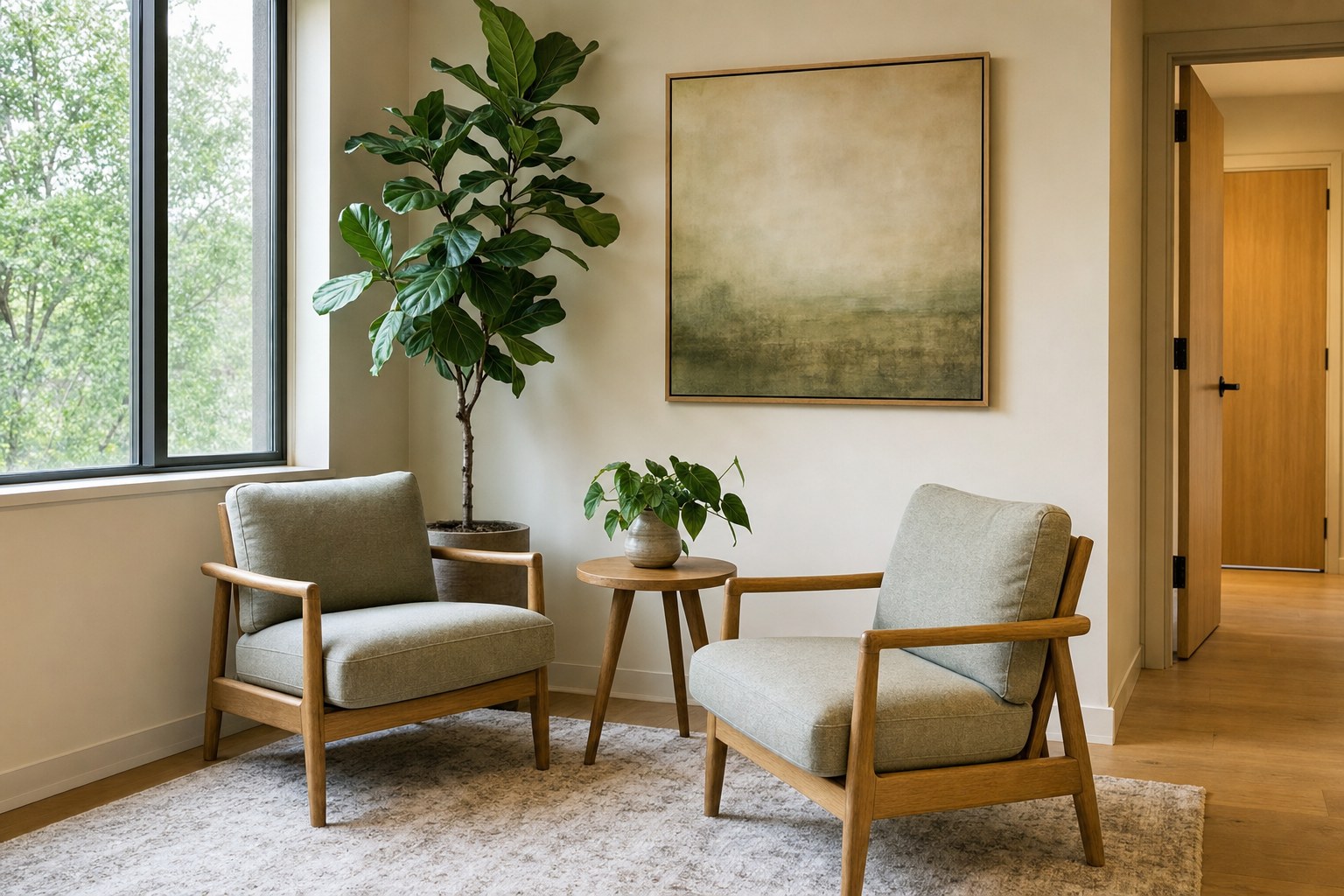 A quiet waiting area with two chairs and a side door
