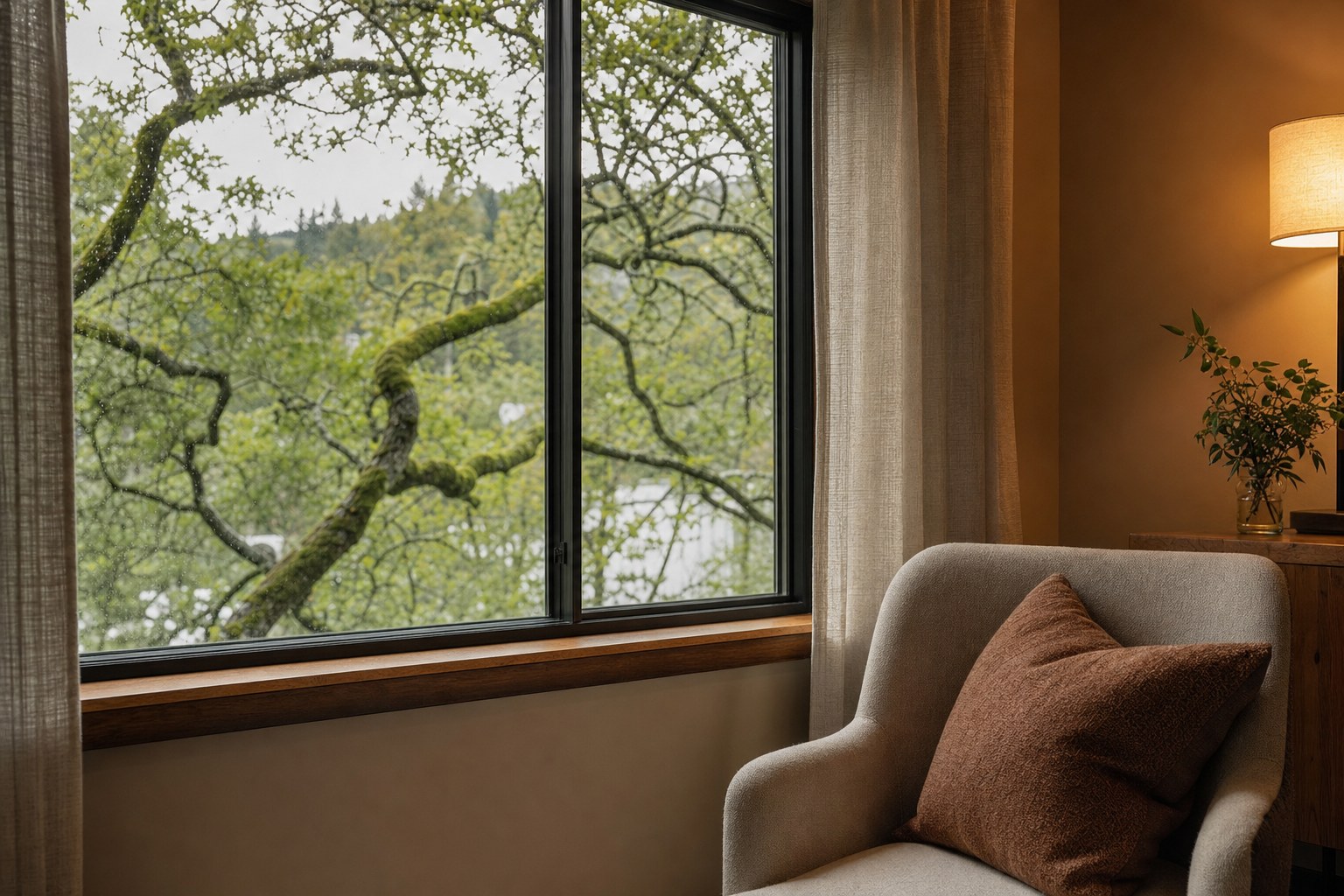 Rain-washed oak branches seen through a quiet office window