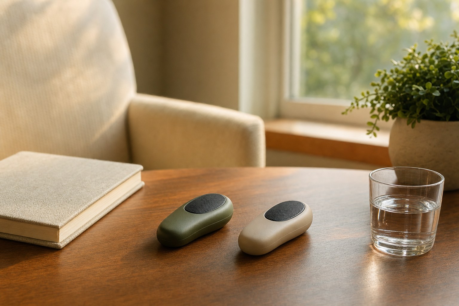 Tactile EMDR pulsers on a wood table in warm daylight