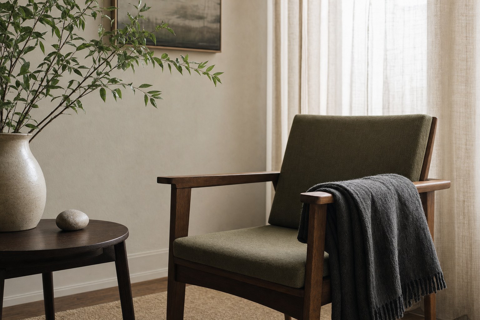 A quiet therapy room corner with a chair, folded blanket, and grounding stone