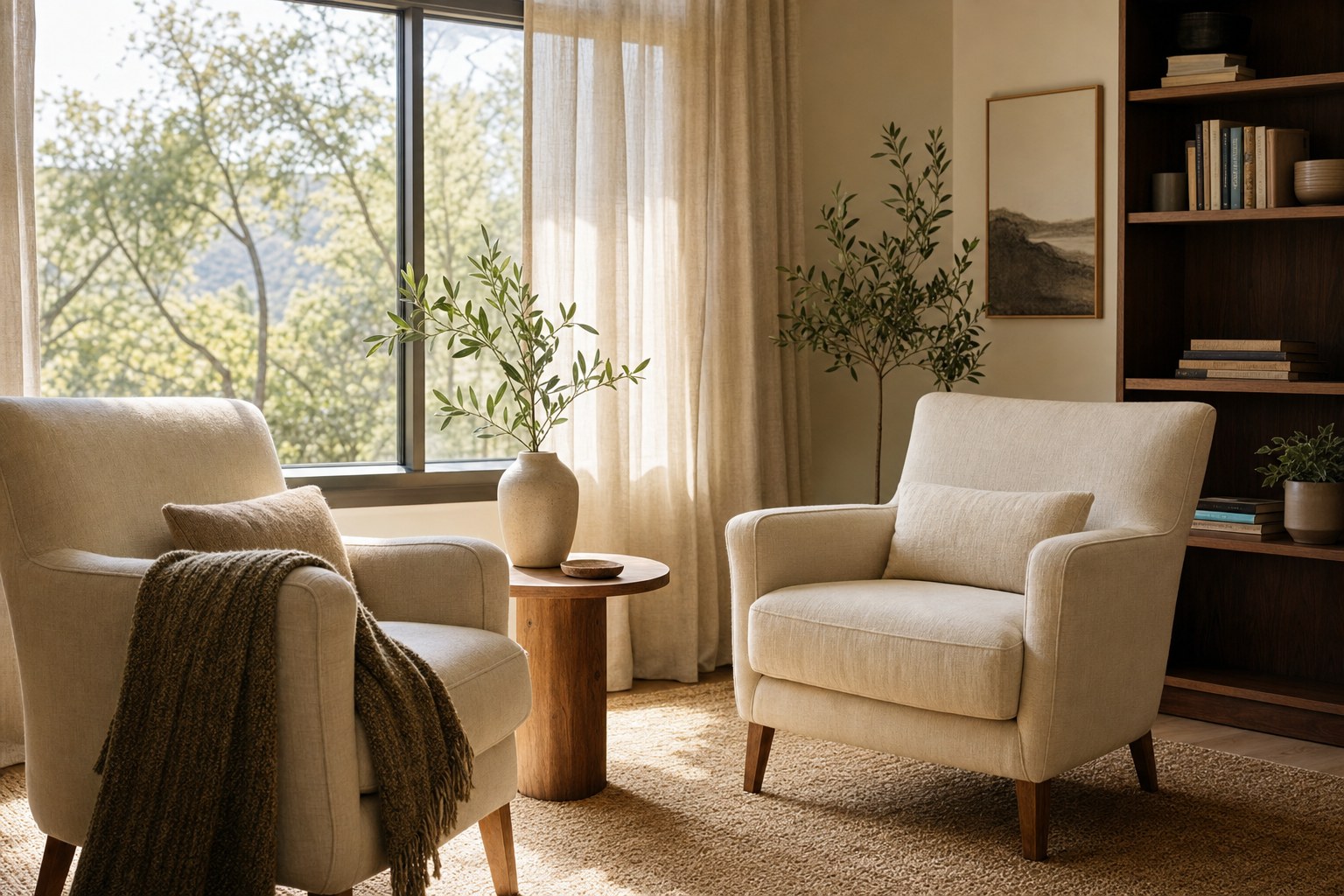 A quiet, sunlit therapy office at Kelderwick Trauma Therapy